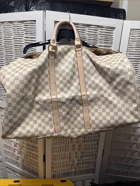 Cream Checkered Travel Weekender Bag with Tan Trim LV style